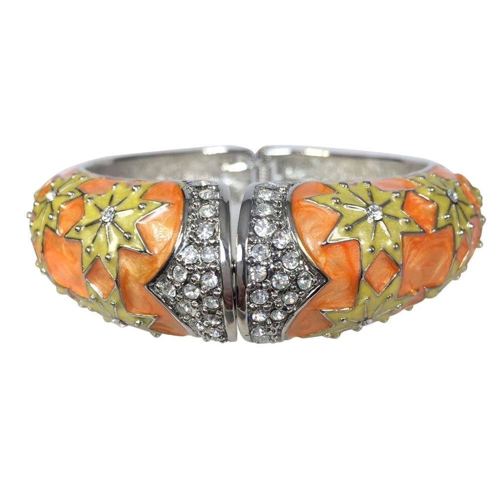 Orange Yellow Star Enamel Rhinestone Statement Hinged Bangle Bracelet